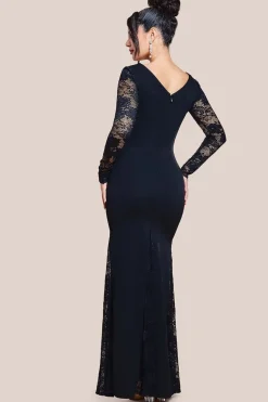 Scuba & Lace Long Sleeve Maxi Dress - Black by Goddiva