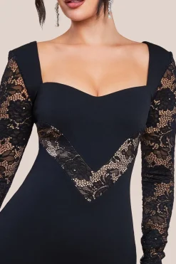 Scuba & Lace Long Sleeve Maxi Dress - Black by Goddiva