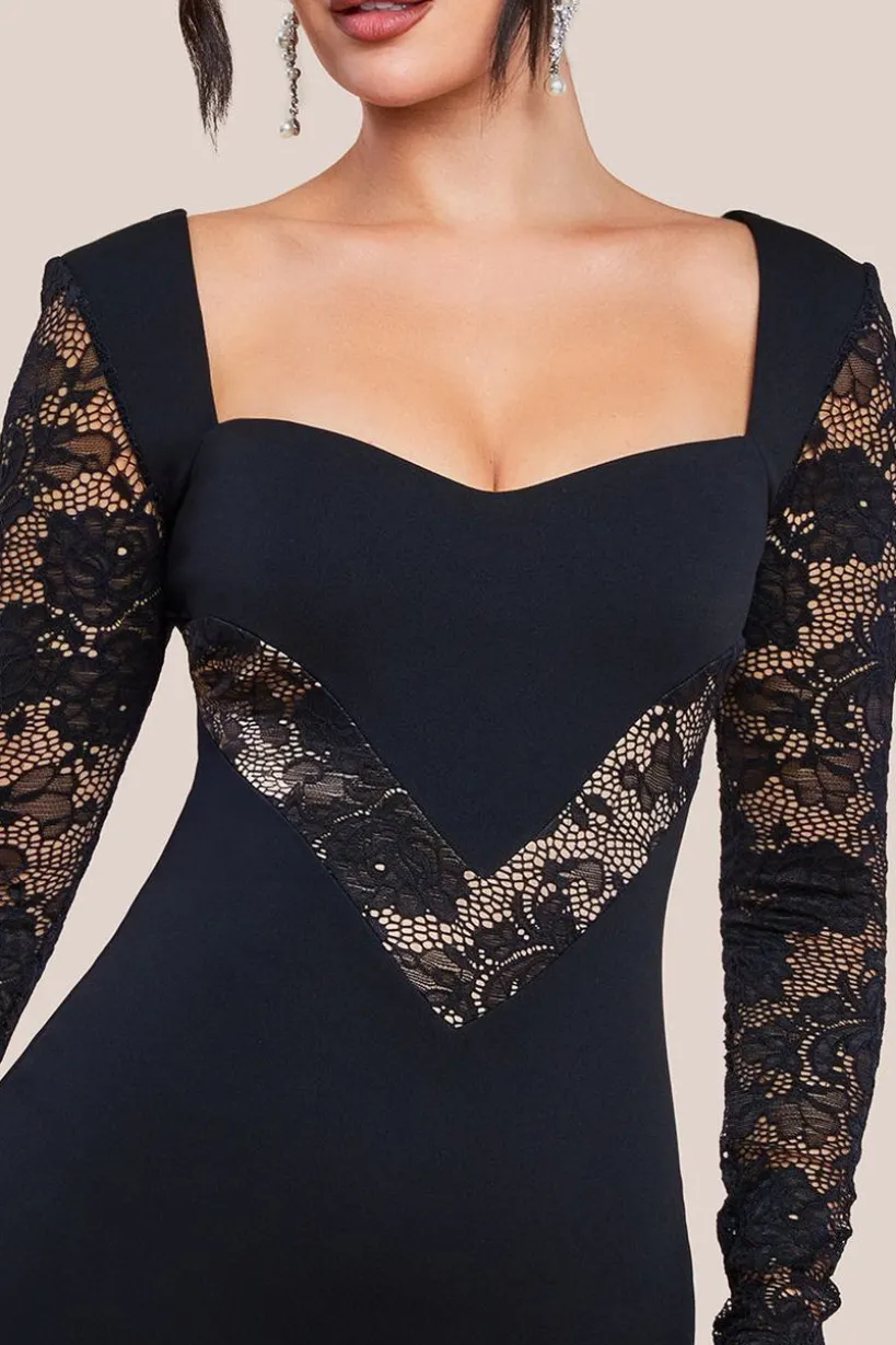 Scuba & Lace Long Sleeve Maxi Dress - Black by Goddiva