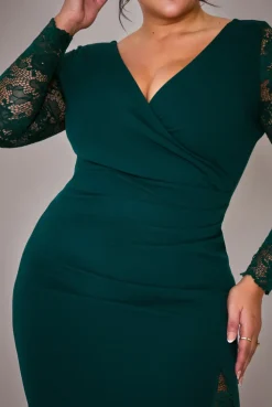 Scuba & Lace Wrap Maxi Dress - Emerald by Goddiva Plus