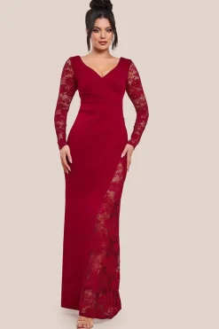 Scuba & Lace Wrap Maxi Dress - Wine by Goddiva