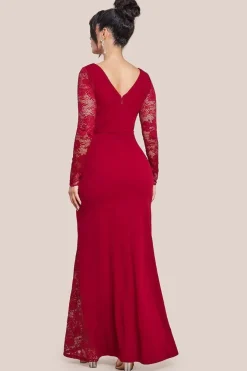 Scuba & Lace Wrap Maxi Dress - Wine by Goddiva