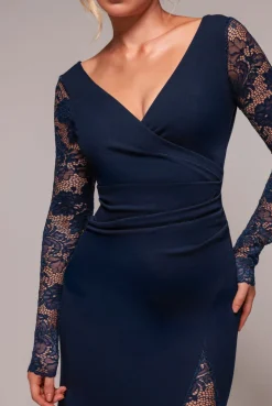 Scuba & Lace Wrap Maxi Dress - Navy Blue by Goddiva