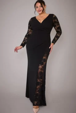Scuba & Lace Wrap Maxi Dress - Black by Goddiva Plus