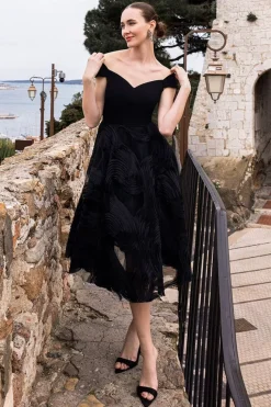 Scuba & Textured Chiffon A Line Midi Dress - Black by Goddiva