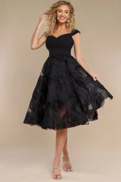 Scuba & Textured Chiffon A Line Midi Dress - Black by Goddiva
