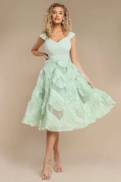 Scuba & Textured Chiffon A Line Midi Dress - Sage Green by Goddiva