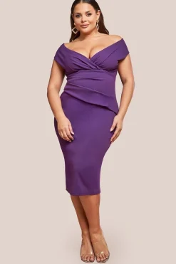 Scuba Bardot Pleated Midi Dress - Purple by Goddiva Plus