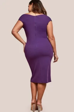 Scuba Bardot Pleated Midi Dress - Purple by Goddiva Plus