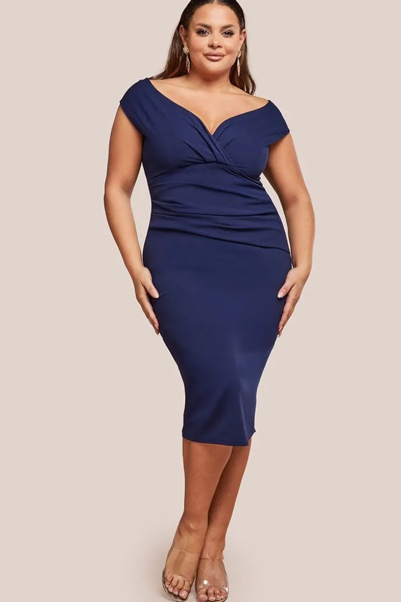 Scuba Bardot Pleated Midi Dress - Navy by Goddiva Plus