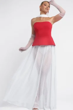 Scuba Boobtube Peplum Corset With Polka Dobby Chiffon A-Line Maxi Skirt With Scarf - Red & Cream by Goddiva