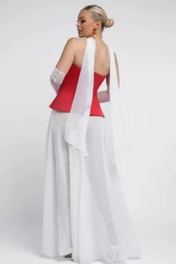Scuba Boobtube Peplum Corset With Polka Dobby Chiffon A-Line Maxi Skirt With Scarf - Red & Cream by Goddiva