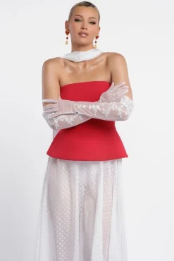 Scuba Boobtube Peplum Corset With Polka Dobby Chiffon A-Line Maxi Skirt With Scarf - Red & Cream by Goddiva