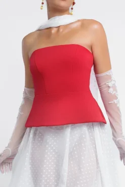 Scuba Boobtube Peplum Corset With Polka Dobby Chiffon A-Line Maxi Skirt With Scarf - Red & Cream by Goddiva