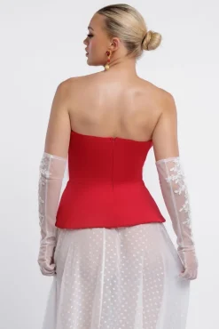 Scuba Boobtube Peplum Corset With Polka Dobby Chiffon A-Line Maxi Skirt With Scarf - Red & Cream by Goddiva