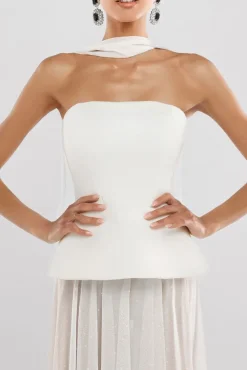 Scuba Boobtube Peplum Corset With Gathered A-Line Glitter Chiffon Maxi Skirt & Scarf - Cream by Goddiva