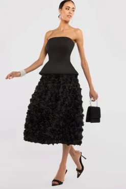 Scuba Boobtube Peplum Corset With 3D Floral Mesh Skirt - Black by Goddiva