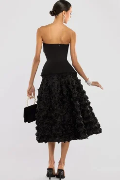 Scuba Boobtube Peplum Corset With 3D Floral Mesh Skirt - Black by Goddiva