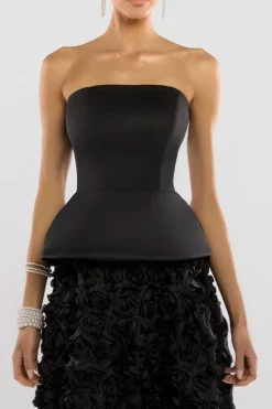 Scuba Boobtube Peplum Corset With 3D Floral Mesh Skirt - Black by Goddiva