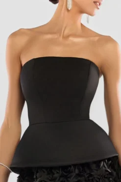 Scuba Boobtube Peplum Corset With 3D Floral Mesh Skirt - Black by Goddiva