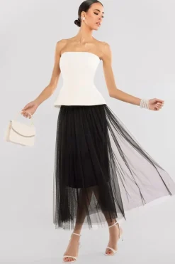Scuba Boobtube Peplum Corset With Tulle Gathered Midaxi Skirt - Cream & Black by Goddiva
