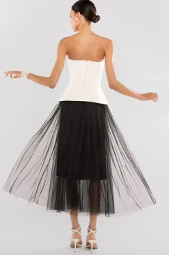 Scuba Boobtube Peplum Corset With Tulle Gathered Midaxi Skirt - Cream & Black by Goddiva