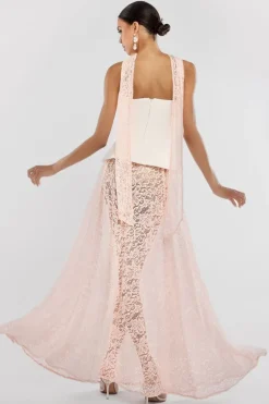 Scuba Boobtube Peplum Corset With Floral Lace A-Line Maxi Skirt With Scarf - Cream & Pink by Goddiva