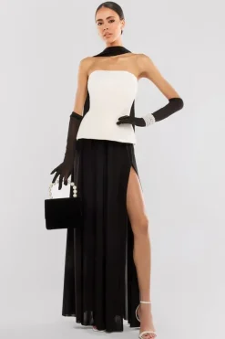 Scuba Boobtube Peplum Hem Corset & Side Split Jersey Maxi Skirt With Scarf & Gloves - Cream & Black by Goddiva