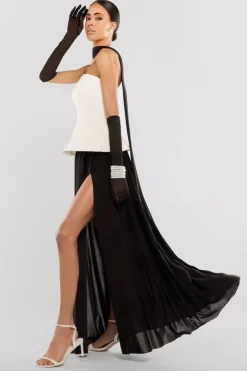 Scuba Boobtube Peplum Hem Corset & Side Split Jersey Maxi Skirt With Scarf & Gloves - Cream & Black by Goddiva