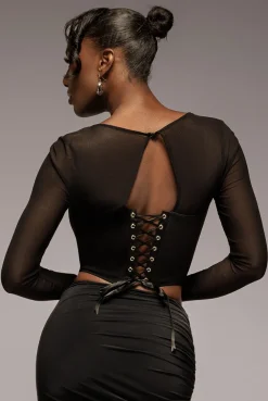 Scuba Crepe And Mesh Lace Up Corset Top - Black by Goddiva