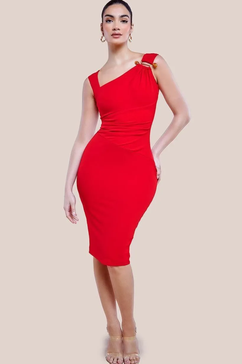 Scuba Crepe Asymmetric Neck Midi Dress - Red by Goddiva