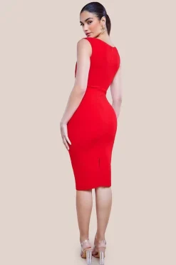 Scuba Crepe Asymmetric Neck Midi Dress - Red by Goddiva