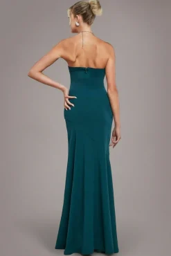 Scuba Crepe Bandeau Maxi With Diamante Necklace - Emerald Green by Goddiva