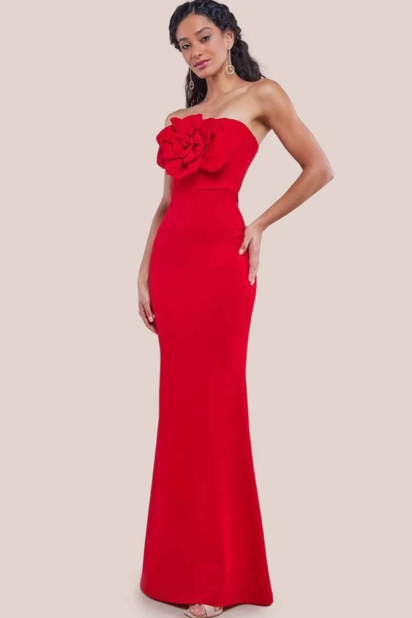 Scuba Crepe Bandeau Rose Maxi Dress - Red by Goddiva