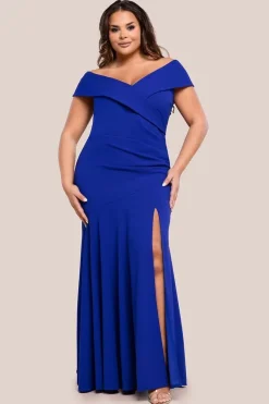 Scuba Crepe Off Shoulder Front Split Maxi Dress - Royal Blue by Goddiva Plus