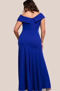 Scuba Crepe Off Shoulder Front Split Maxi Dress - Royal Blue by Goddiva Plus