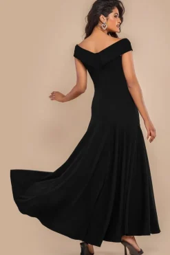 Scuba Crepe Off Shoulder Front Split Maxi Dress - Black by Goddiva