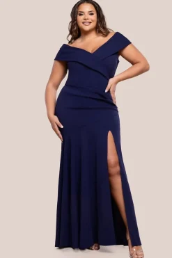 Scuba Crepe Off Shoulder Front Split Maxi Dress - Navy Blue by Goddiva Plus