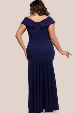Scuba Crepe Off Shoulder Front Split Maxi Dress - Navy Blue by Goddiva Plus