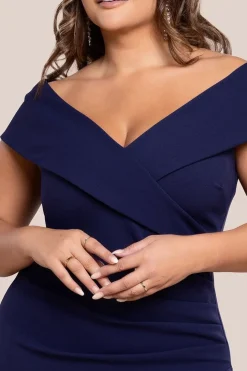Scuba Crepe Off Shoulder Front Split Maxi Dress - Navy Blue by Goddiva Plus