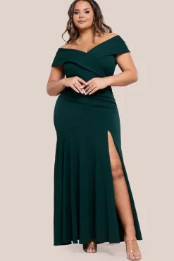 Scuba Crepe Off Shoulder Front Split Maxi Dress - Emerald Green by Goddiva Plus