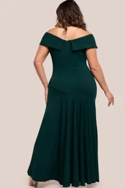 Scuba Crepe Off Shoulder Front Split Maxi Dress - Emerald Green by Goddiva Plus