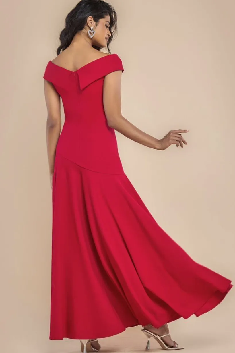 Scuba Crepe Off Shoulder Front Split Maxi Dress - Red by Goddiva