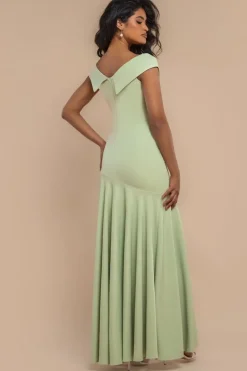 Scuba Crepe Off Shoulder Front Split Maxi Dress - Sage Green by Goddiva