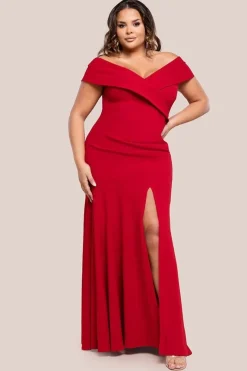Scuba Crepe Off Shoulder Front Split Maxi Dress - Red by Goddiva Plus