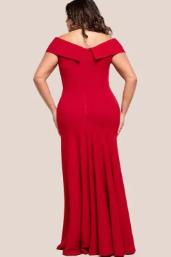 Scuba Crepe Off Shoulder Front Split Maxi Dress - Red by Goddiva Plus