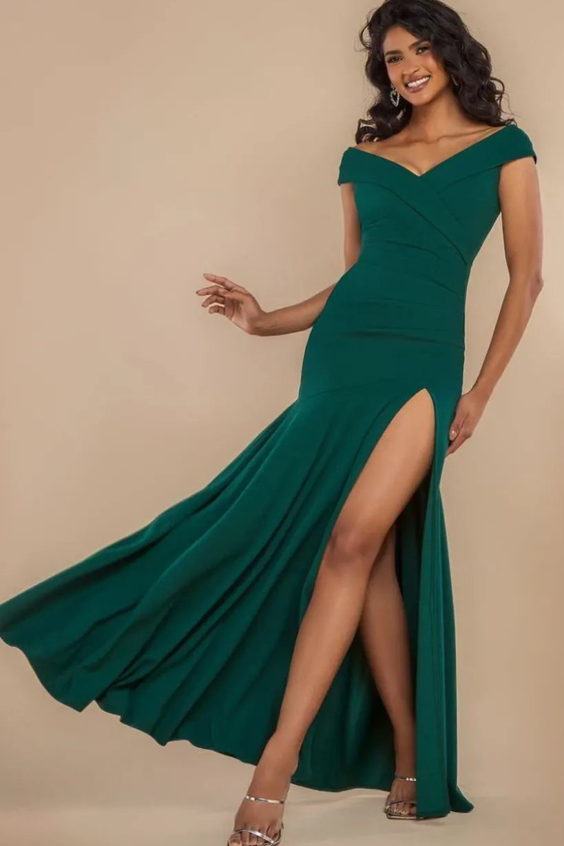 Scuba Crepe Off Shoulder Front Split Maxi Dress - Emerald Green by Goddiva