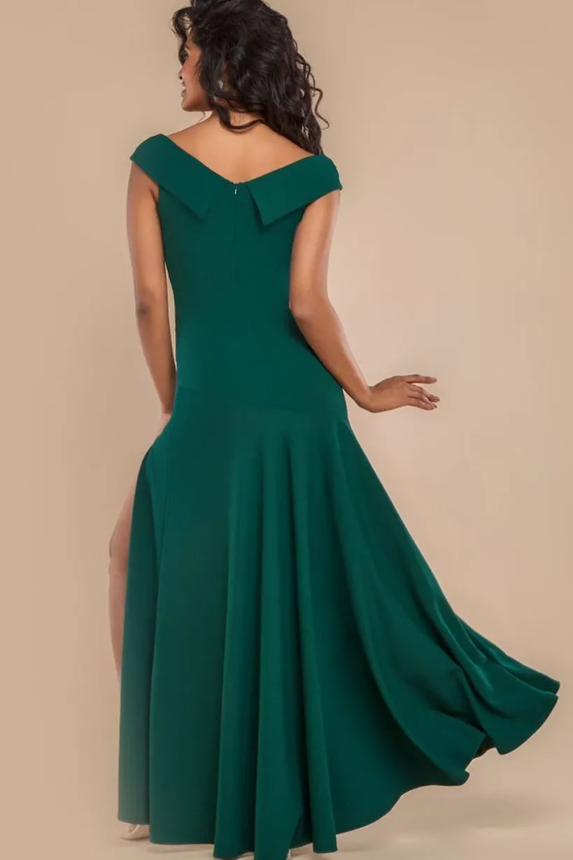 Scuba Crepe Off Shoulder Front Split Maxi Dress - Emerald Green by Goddiva