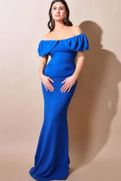 Scuba Crepe Pleated Bardot Maxi - Royalblue by Goddiva