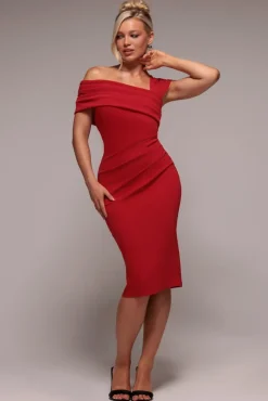 Scuba Crepe Pleated Drop Shoulder Midi Dress - Red by Goddiva